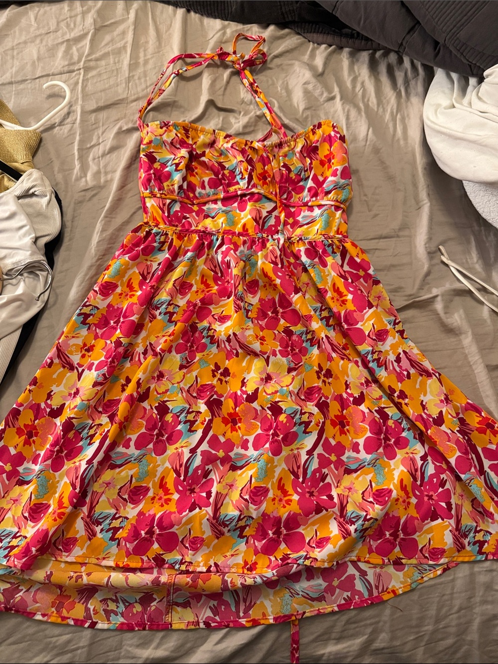 SHEIN Strapless Floral Sundress in Pink, Yellow & Teal